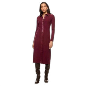 Toccin Burgundy Rib Knit Faux Leather Collar Midi Shirt Dress Size M